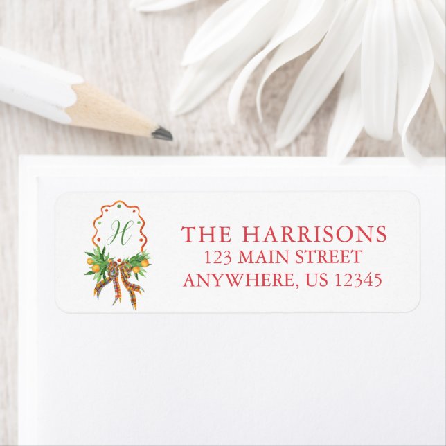 Orangar för vattenfärg Jul Play Bow Monogram Returadress Etikett (Insitu)