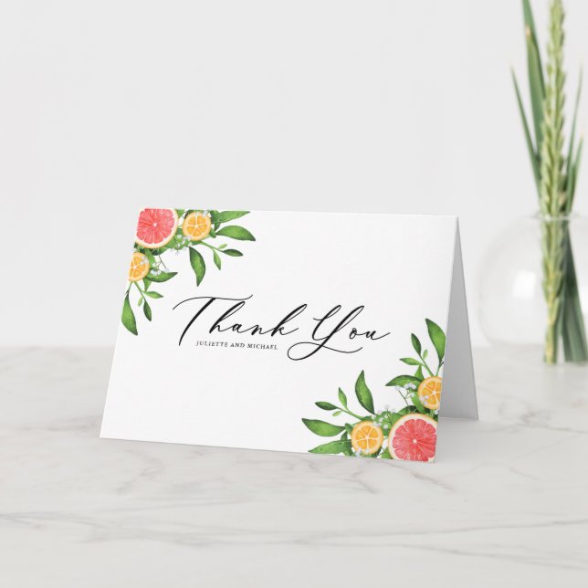 Orangar för vattenfärg och graefrukter tack kort (Framsida)