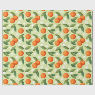 Orangar, Grönt Löv och vita blommor Mönster Presentpapper