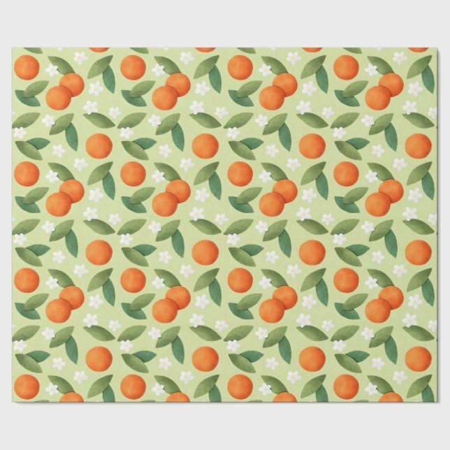 Orangar, Grönt Löv och vita blommor Mönster Presentpapper (Söm)