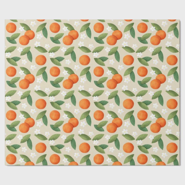 Orangar, Grönt Löv och vita blommor Mönster Presentpapper (Seam)