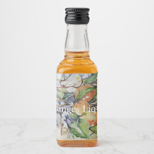 Orangar i träd. Vattenfärg Spritflaskor Etikett (Framsida)