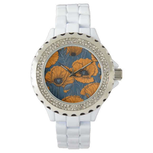 Orangar på mörk blått armbandsur (Framsida)