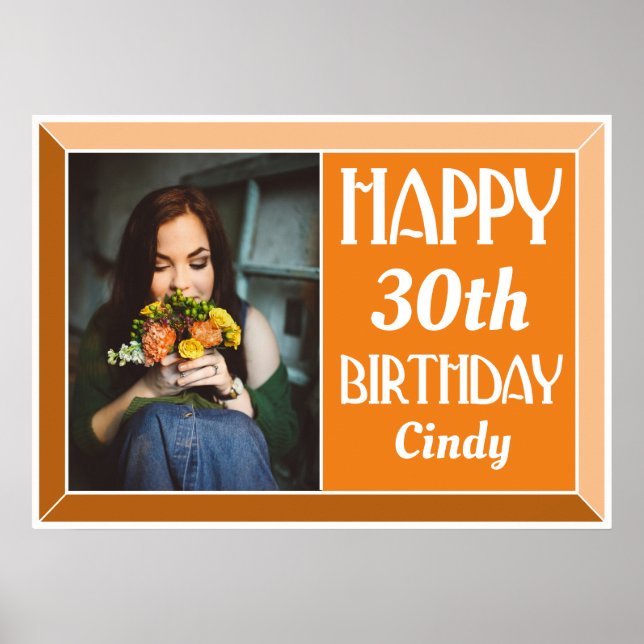 Orange 30th Art Deco Birthday Photo Poster (Framsidan)