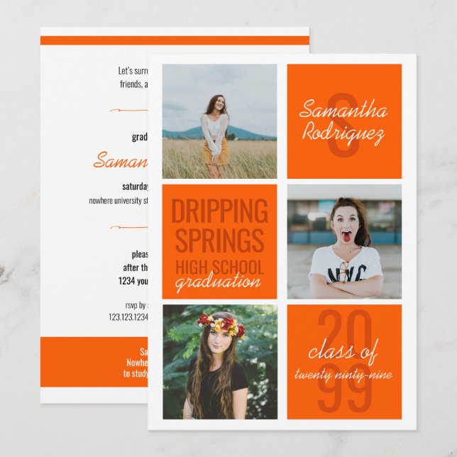 Orange 3-Foto Roligt Boxes Studenten-inbjudan Inbjudningar (Fram/baksida)