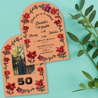 Orange 50-års Födelsedagsfest Whimsical Klotter Bl Inbjudningar