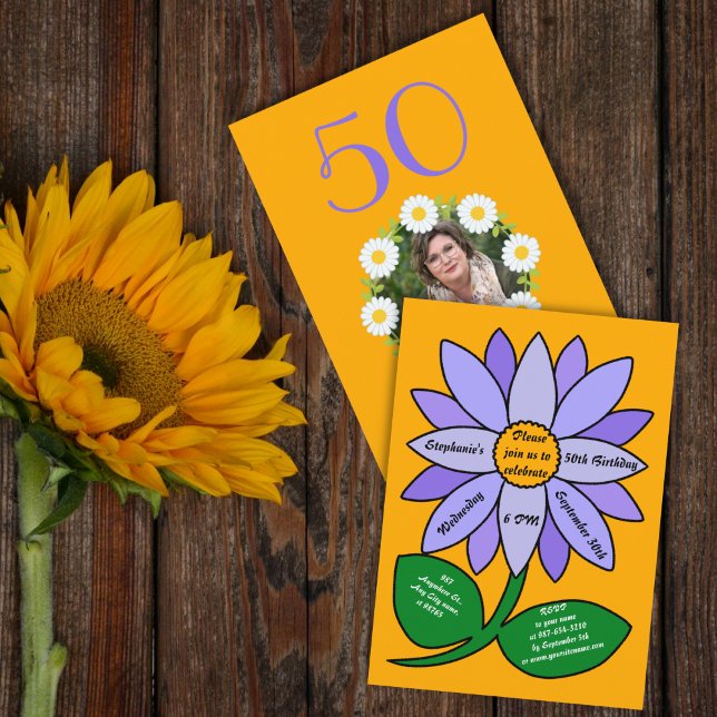 Orange 50:e födelsedag Enkel Lila Solros Inbjudningar (Skapare uppladdad)