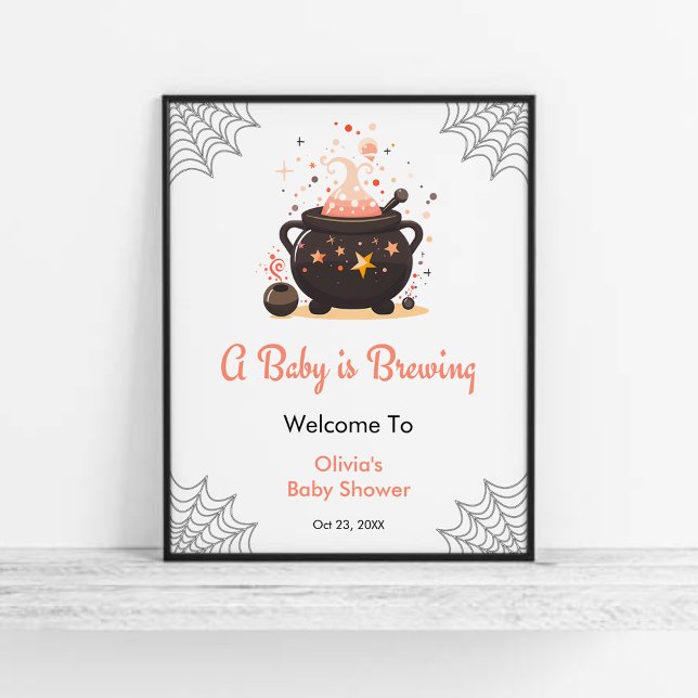 Orange A Baby är Välkomsthälsning för babyskor Poster (Orange A Baby is Brewing Cauldron Halloween Gender Neutral Baby Shower Welcome Sign  )