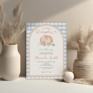 Orange A Little Pumpkin Blue Gingham Baby Shower Inbjudningar
