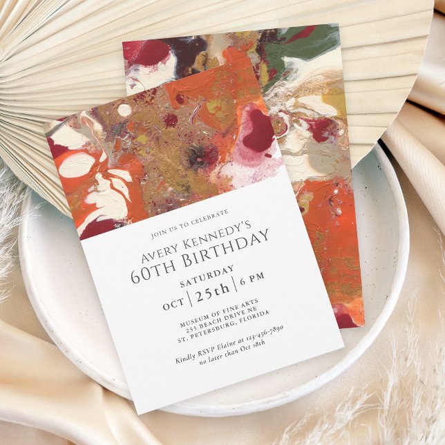 Orange Abstrakt Boho 60:e Födelsedagsfesten Inbjudningar (An artful abstract 60th birthday invitation for the modern contemporary.)