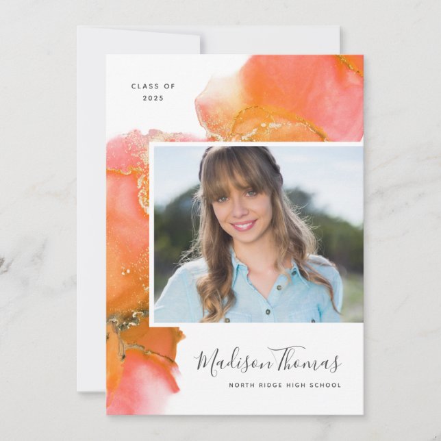 Orange Abstrakt VattenfärgsfotoStudentfest Inbjudningar (Framsida)