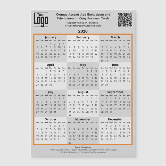 Orange Accents & Logo Gray 2026 Calendar Magnet (Framsida)