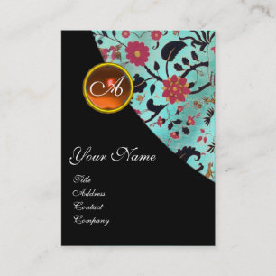 ORANGE AGATE DAMASK MONOGRAM 2 ,fuchsia,röd,grönt Visitkort
