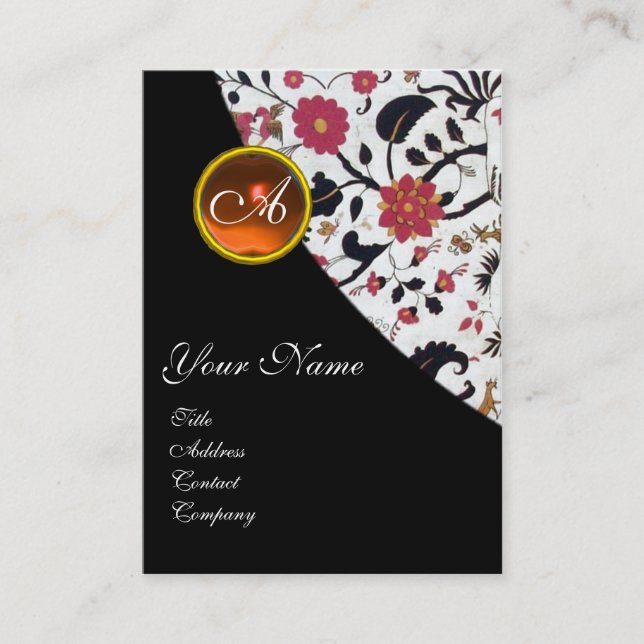 ORANGE AGATE DAMASK MONOGRAM 2 ,fuchsia,röd,gult Visitkort (Framsida)