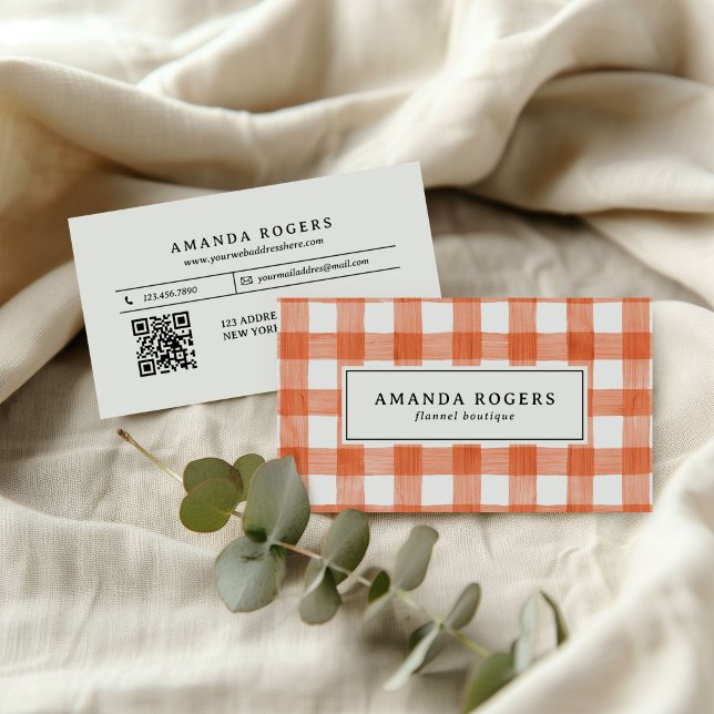 ORANGE Akvarell Buffalo Rutig QR-KOD FLANELL Visitkort (Skapare uppladdad)