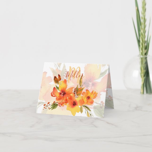 Orange akvarell höst blommande personlig  anteckningskort (Framsida)