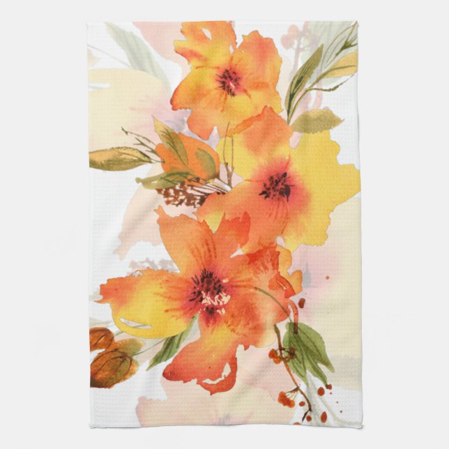 Orange akvarell höst blomster kökshandduk (Vertikal)