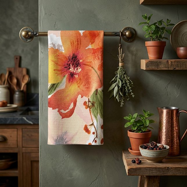 Orange akvarell höst blomster kökshandduk (Skapare uppladdad)