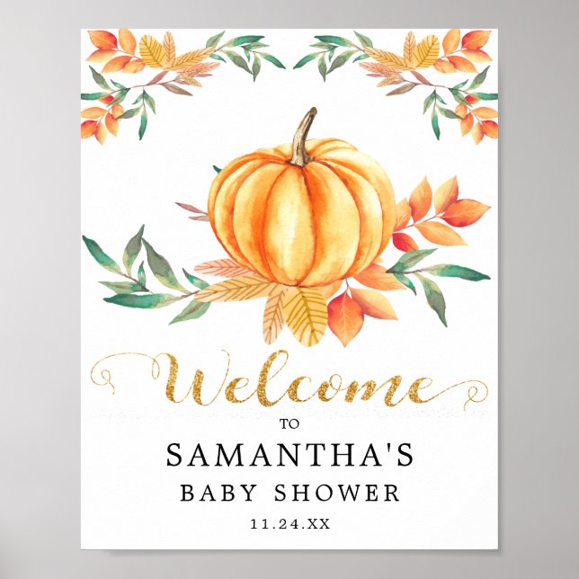 Orange Akvarell Pumpa Guld Höst Bebis Shower Poster (Framsidan)