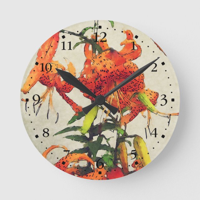 Orange akvarell tigerlily 1 rund klocka (Framsida)