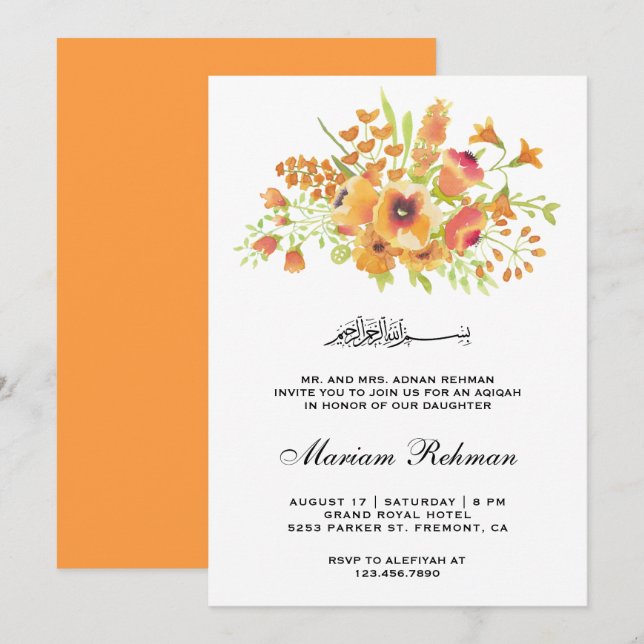 Orange akvarellblommig Aqiqah-inbjudan för babyfli Inbjudningar (Fram/baksida)