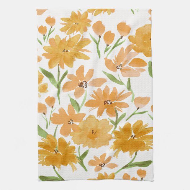 Orange akvarellblommor kökshandduk (Vertikal)