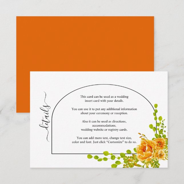Orange akvarellblommor och höstbofällning för bröl tilläggskort (Fram/baksida)
