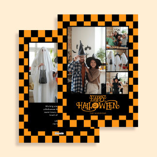 Orange and Black Checkered 5 Photo Halloween Julkort