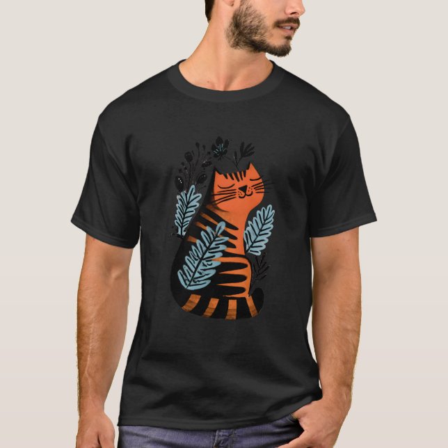 Orange and Black Striped Cat with Floral Design T Shirt (Framsida)