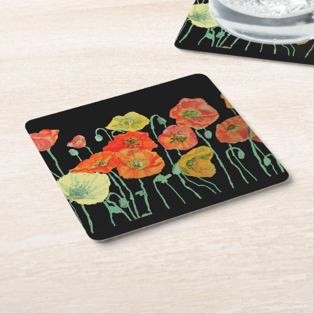 Orange and Black Vallmo Blomma Pappers Coaster Underlägg Papper Kvadrat (Vinklad)