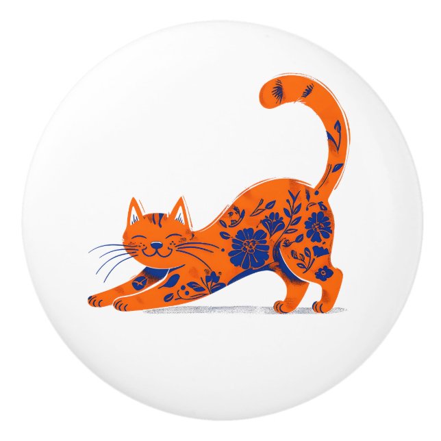 Orange and Blue Floral Cat Door Pull Knopp (Framsidan)