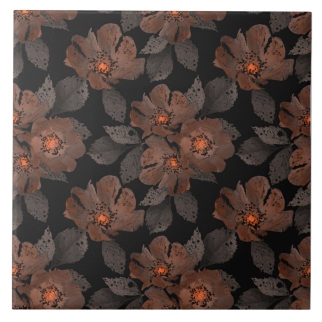 Orange and brown flowers on a black background. kakelplatta (Framsidan)