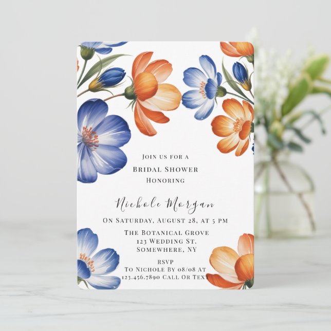 Orange and Cobalt Blue Floral Bridal Shower Inbjudningar (Stående Fram)