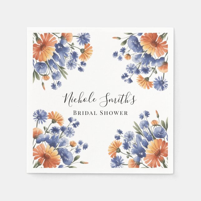 Orange and Cobalt Blue Floral Bridal Shower Pappersservett (Framsidan)