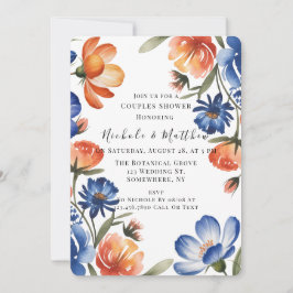 Orange and Cobalt Blue Floral Couples Shower Inbjudningar