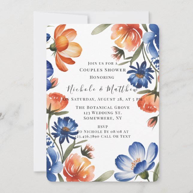 Orange and Cobalt Blue Floral Couples Shower Inbjudningar (Framsida)