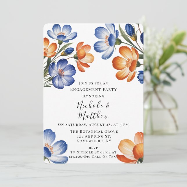 Orange and Cobalt Blue Floral Engagement Party Inbjudningar (Stående Fram)
