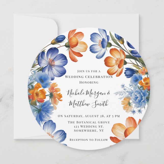 Orange and Cobalt Blue Floral Wedding Celebration Inbjudningar (Framsida)