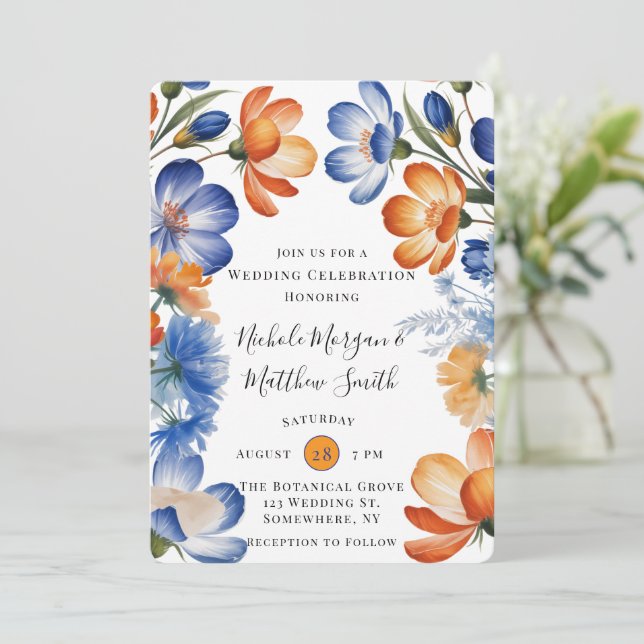 Orange and Cobalt Blue Floral Wedding Celebration Inbjudningar (Stående Fram)