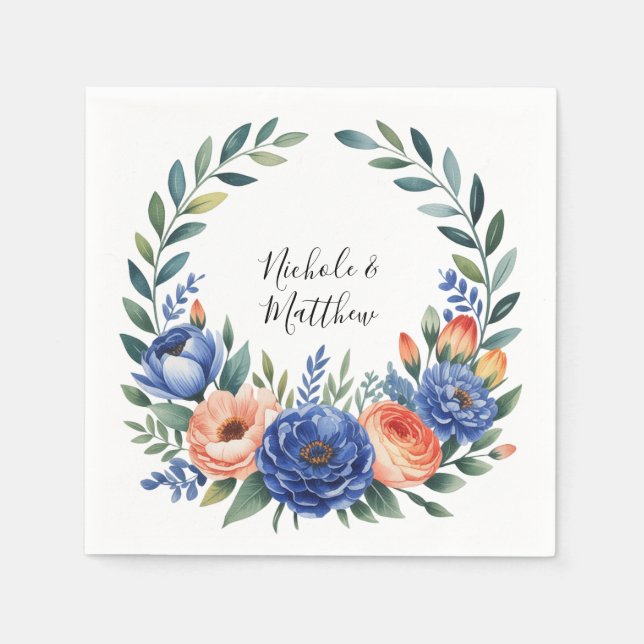 Orange and Cobalt Blue Floral Wedding Pappersservett (Framsidan)