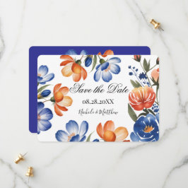 Orange and Cobalt Blue Floral Wedding Spara Datumet