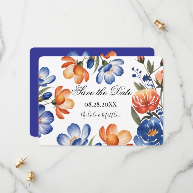 Orange and Cobalt Blue Floral Wedding Spara Datumet (Fram/Back In Situ)