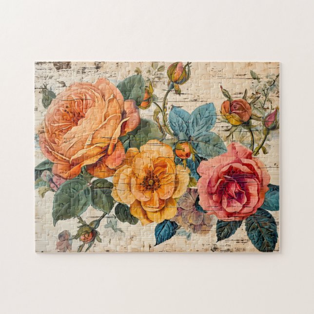 Orange and Pink Roses on Rustic Wood Pussel (Horisontell)