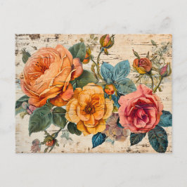 Orange and Pink Roses on Rustic Wood Vykort