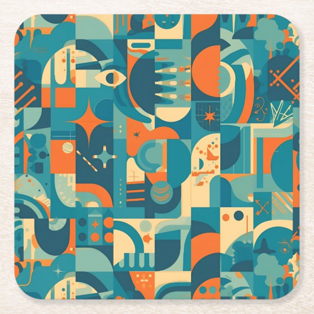 Orange and Teal Geometric Abstract Underlägg Papper Kvadrat (Framsidan)