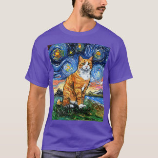 Orange and White Tabby Tiger Cat Starry Night Art T Shirt