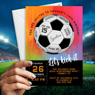 Orange Anpassad Text på Fotboll Födelsedags Inbjudningar