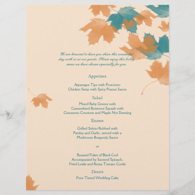 Orange Aqua Autumn Maple Löv Bröllop Menu (Framsida)