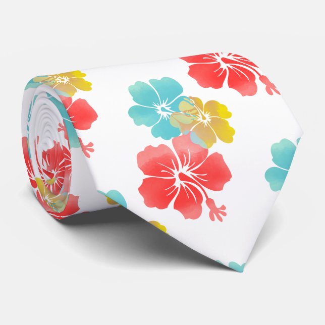 Orange/Aqua/Gul Hibiskus/Hawaiianskt Blommotiv Slips (Rullad)