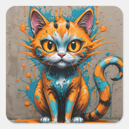 Orange Aqua/Teal Splatter Katt Fyrkantigt Klistermärke